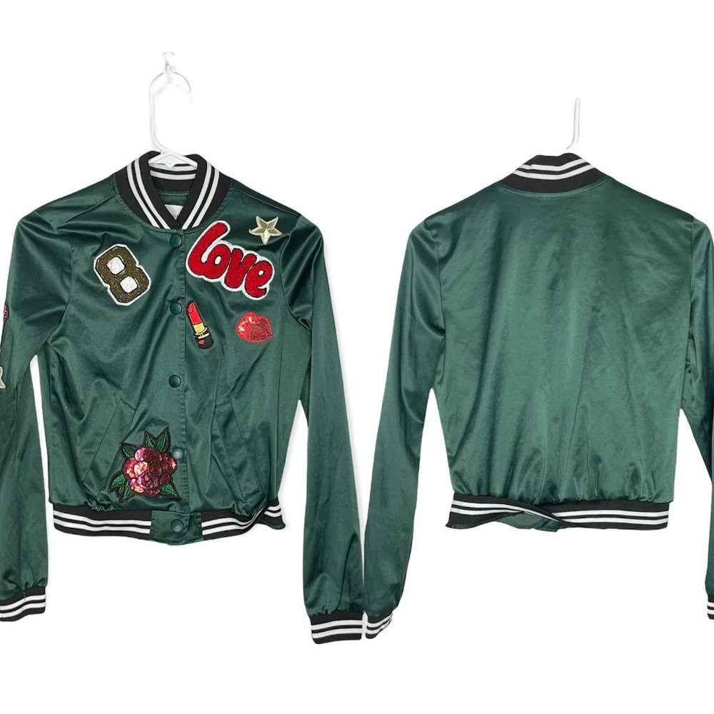 American Eagle Satin Green Varsity Bomber Jacket Size XS